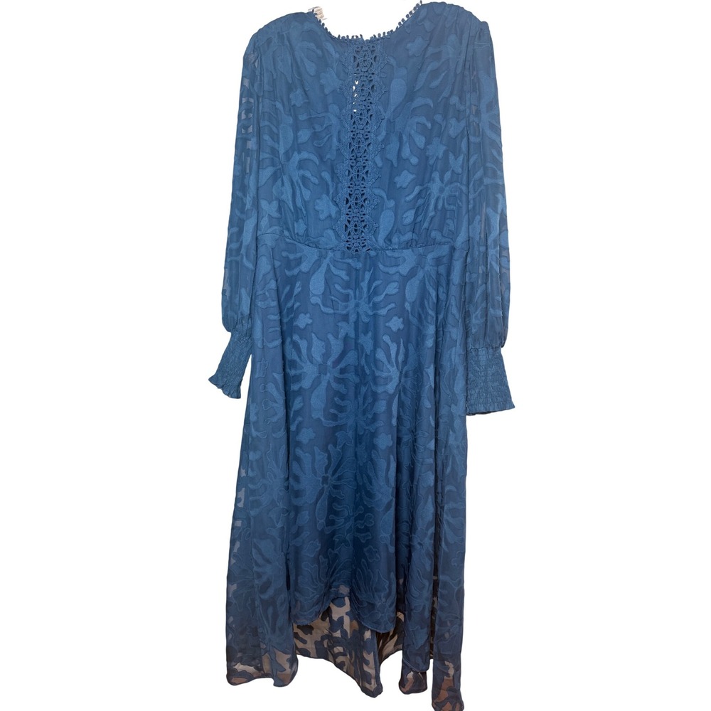 JJ's House Burnout Floral Midi Dress Women XL Blue Polyester Lace Back Boho